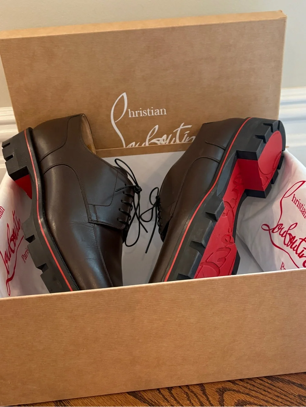 Christian Louboutin Men's Brown Leather Davisol Shoes with Red Soles